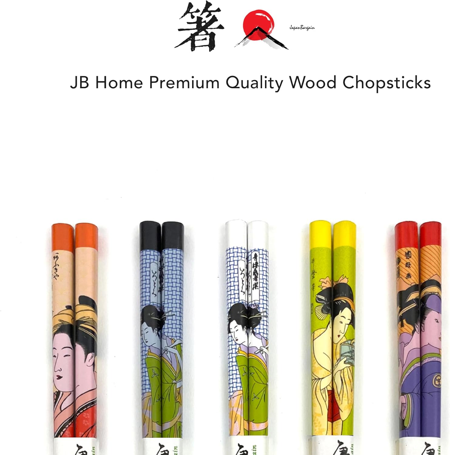 JapanBargain, 10 Pack 5-Pair Bamboo Chopsticks Set, Japanese Geisha Design, 5 Colors, Reusable Wooden Chop Sticks, Dishwasher Safe, 9 Inch, Eco-Friendly Utensils for Sushi Ramen Noodles Bento