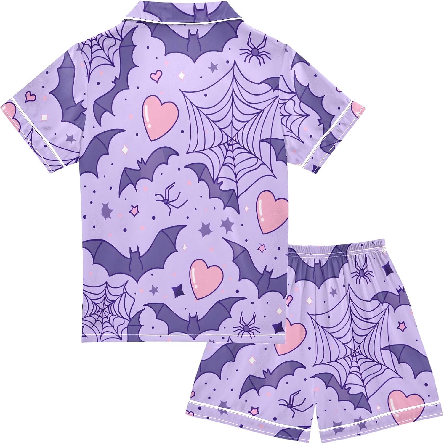Kids Satin Wear Set Purple Bat Spiderweb Heart Pattern Relaxed Fit Clothing Short Sleeve and Shorts