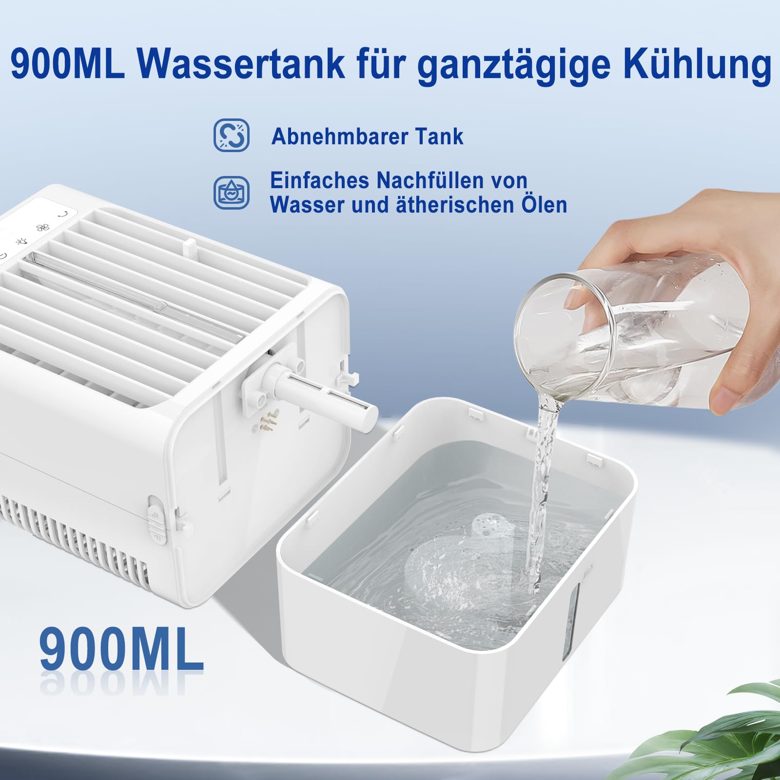 Mobile Klimaanlage Klein, Leise Luftkühler mit Wasserkühlung,3 in 1 Tischventilator für zuhause und büro,Tragbare Air cooler fan mit 900ML wassertank, Klimagerät AC-1-8H Timer
