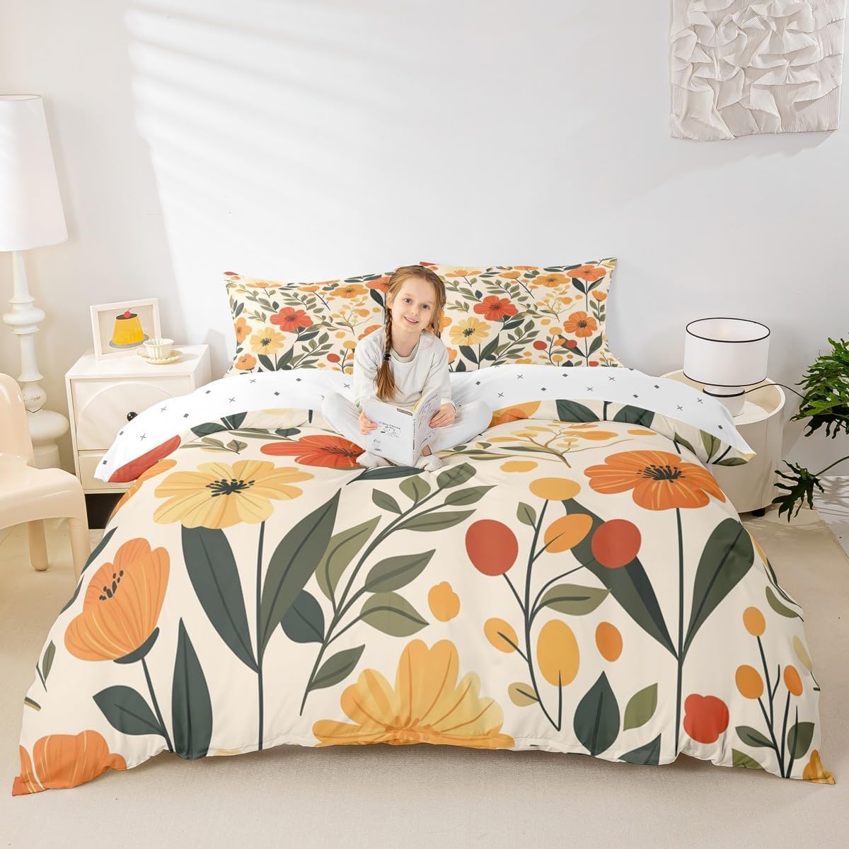 Erosebridal Boho Floral Duvet Cover King Size, Funky Aesthetic Botanical Bedding Set for Kids Teens Adults Women Men Bedroom, Cute Colorful Flower Comforter Cover, Modern Abstract Bed Set
