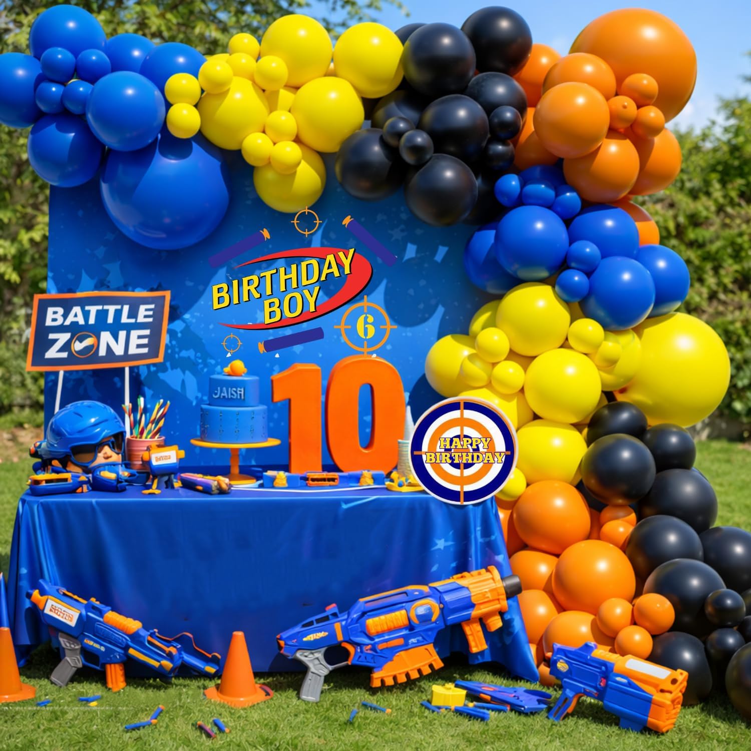 Blue Orange Yellow Balloon Arch Garland Kit Boys Ready Aim Shoot Dart Gun Birthday Battle Zone Target Theme Party Decorations (Blue Orange)