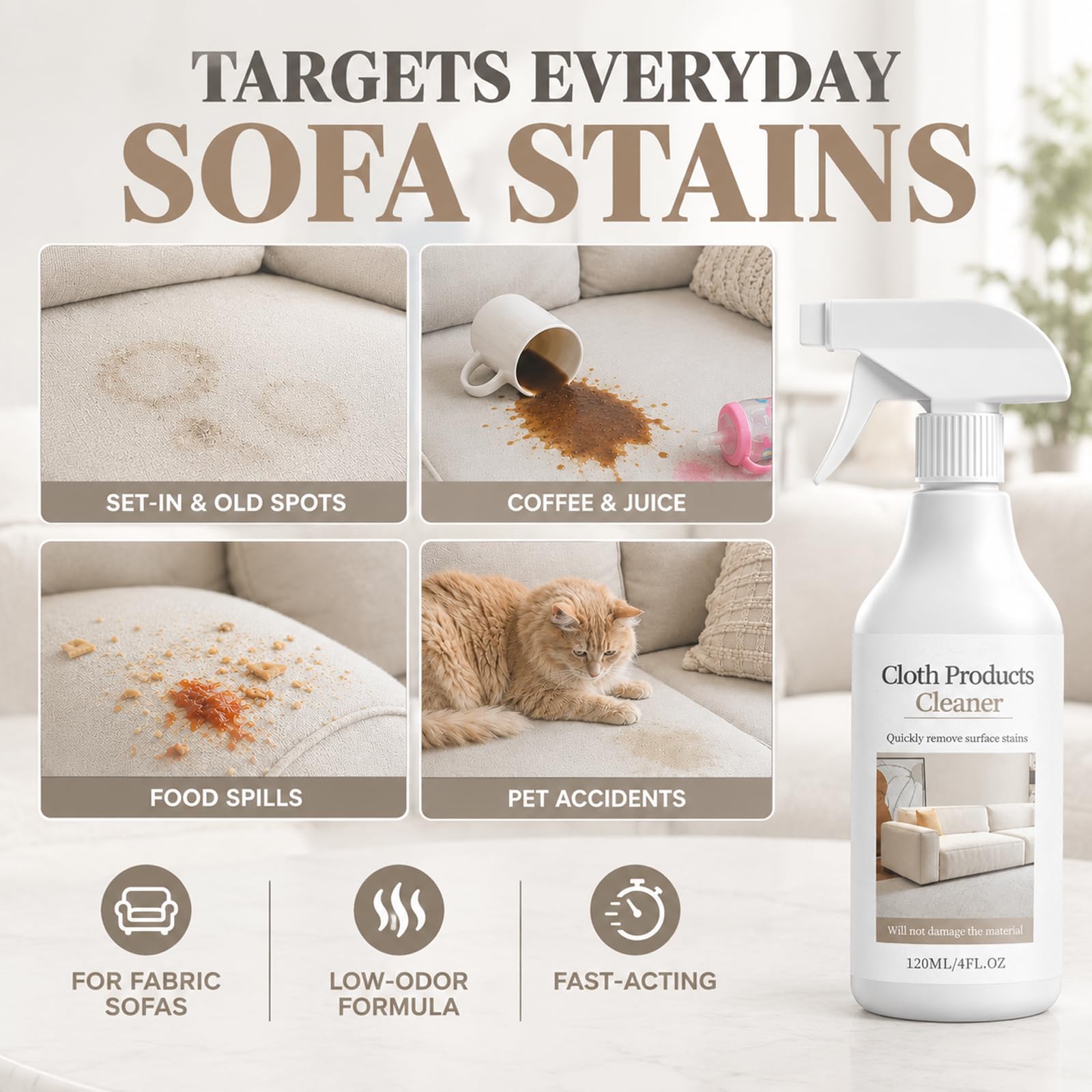 Stoff-Sofa-Reiniger-Spray, Polster- und Teppichschaum-Reiniger, wasserloser schnell trocknender Fleckenentferner für Sofamöbel, No-Rinse-Formel für alle Stoffe, (5 stücke)