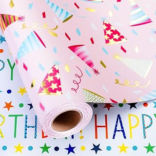 Burymento Birthday Hat Wrapping Paper, Reversible Happy Birthday Design Gift Wrap for Baby Shower, Valentines, Mothers day, Graduation, Wedding, Fathers day, Christmas (17 Inch X 32.8 Feet)