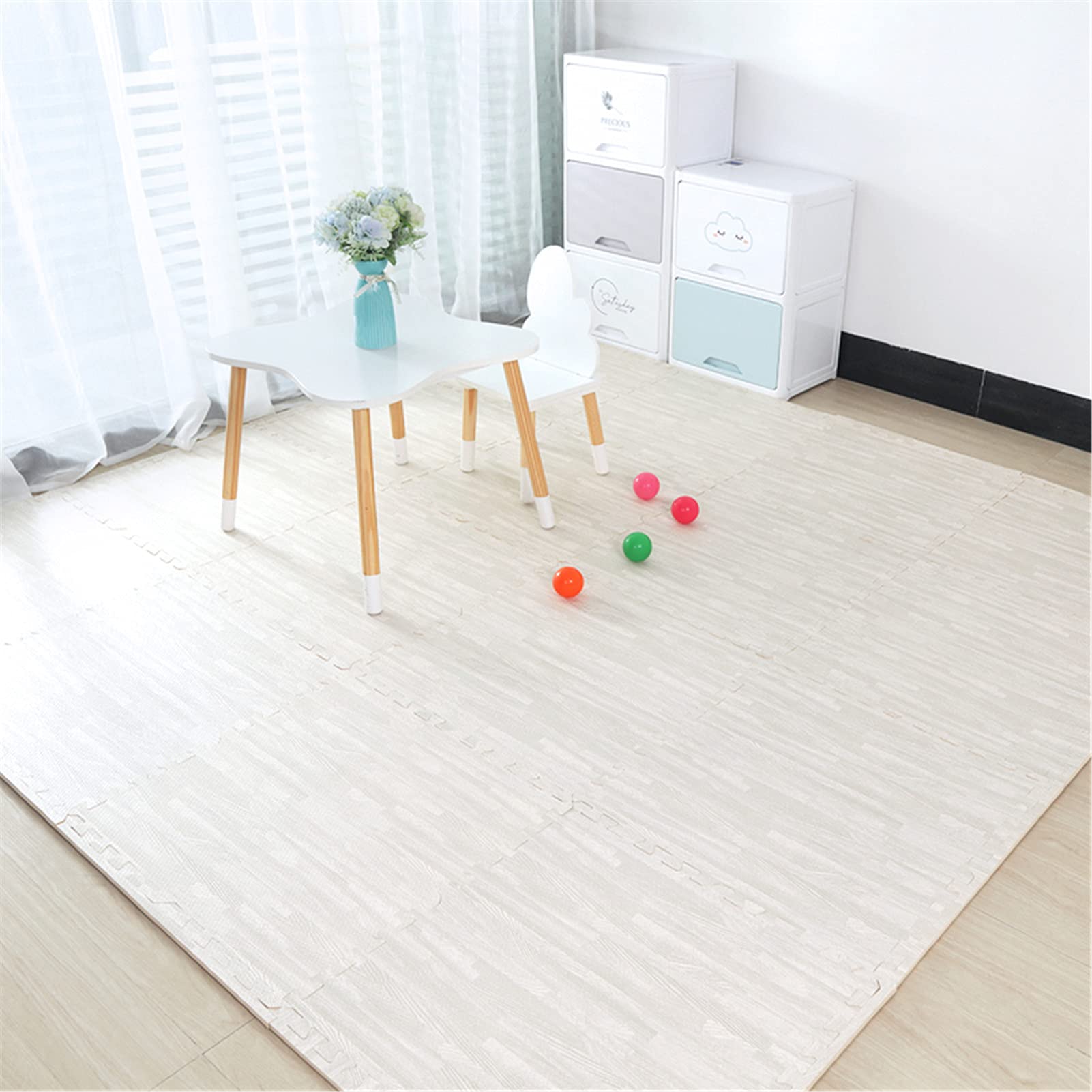 Alfombra De Juego De Ejercicios para Niños,Suave Y Antideslizante Alfombrillas De Espuma EVA Entrelazadas con Efecto Madera para Decoración del Hogar, Gatear,60X60x2cm,Blanco,6pcs