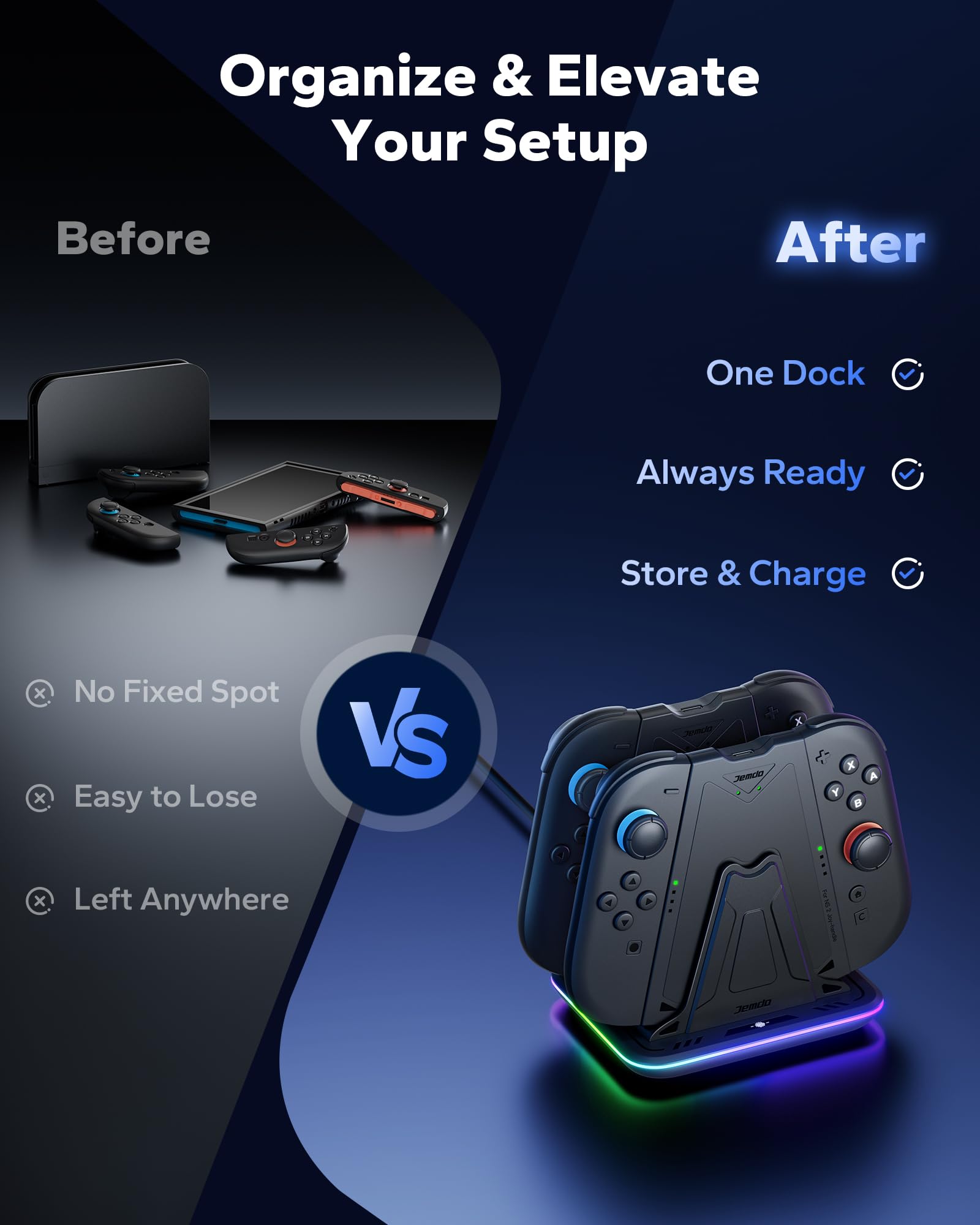 JEMDO Station Charge Manette Switch 2 - Support de Recharge Joy Con 2 avec 2 Grips Magnétiques, 9 Modes RGB, Indicateur LED, USB-C, Play & Charge, Accessoire Idéal pour Voyage