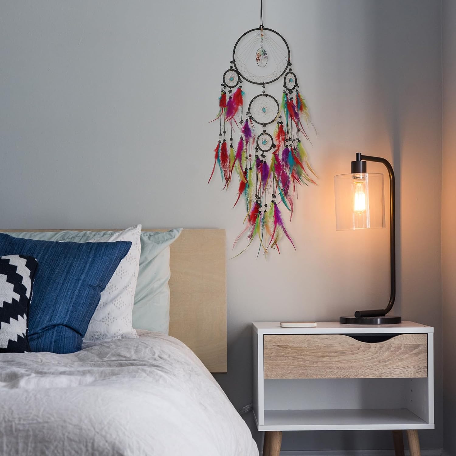 Colorful Wall Hanging Dreamcatcher with Natural Crystal Stones and Plume Decor, Large Boho Dream Catcher Pendant for Bedroom and Home Decoration