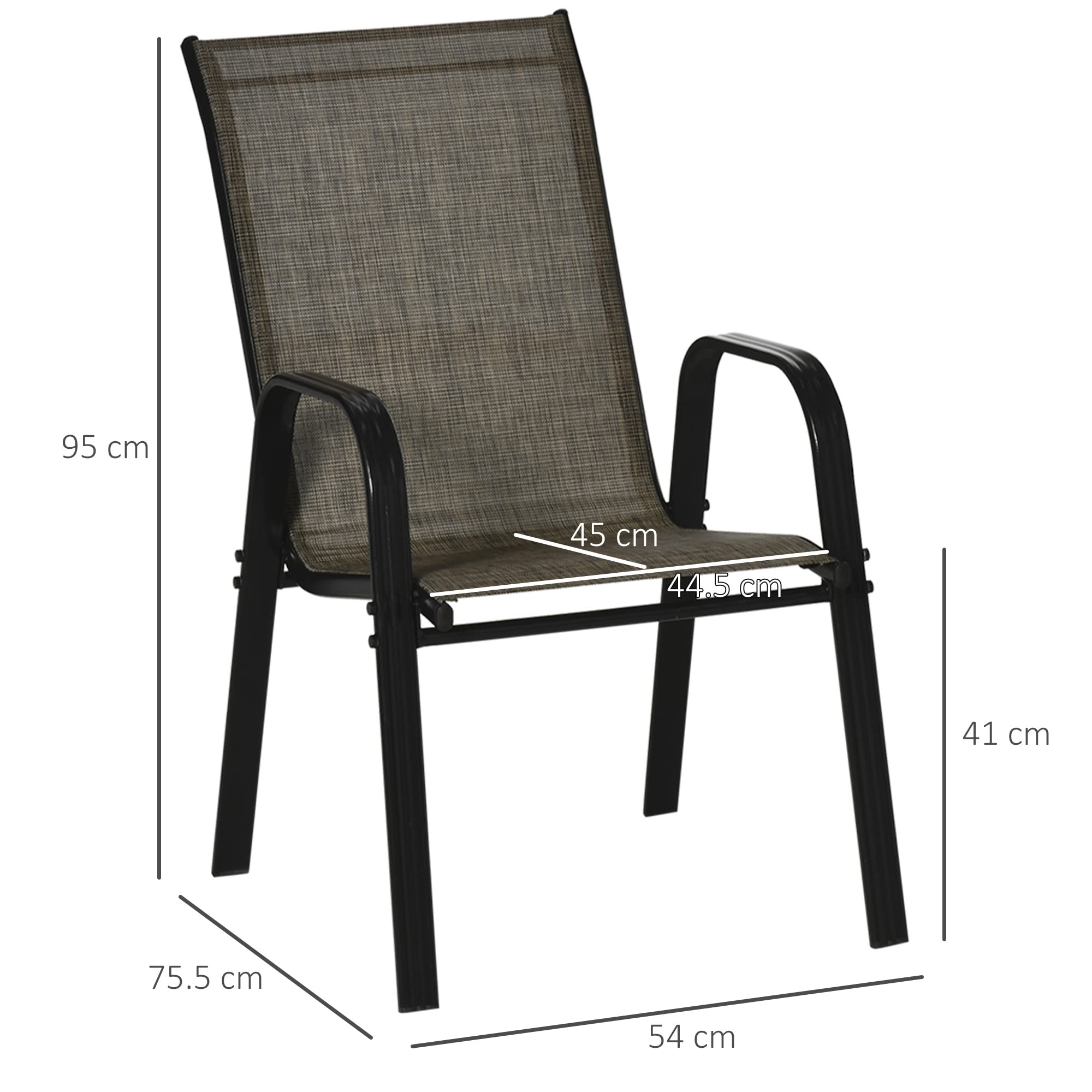 Outsunny Juego de 6 Sillas de Jardín Apilables para Ahorrar Espacio, Sillas de Exterior con Reposabrazos Metálicos y Tejido Transpirable, Marrón