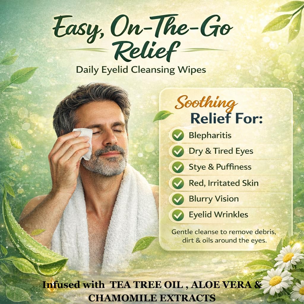 Tea Tree Oil Eyelid and Lash Cleansing Wipes with Coconut, Hyaluronic Acid, Green Tea, Chamomile, Aloe Vera for Itchy Stye Eyes Relief - Makeup Remover Daily Cleanser, 60 Count image 3