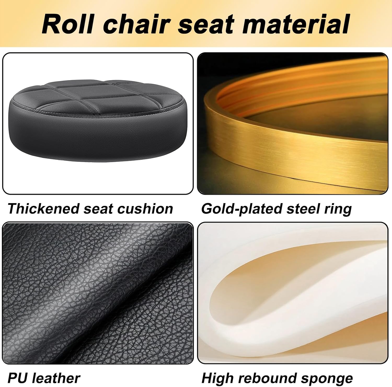 Gold Rolling Vanity Stool with Wheels, Salon Spa Tattoo Massage Pedicure Chair, PU Leather Roller Chair, 43-55cm Height Adjustable Office Work Swivel Stool (Black, Without Back)