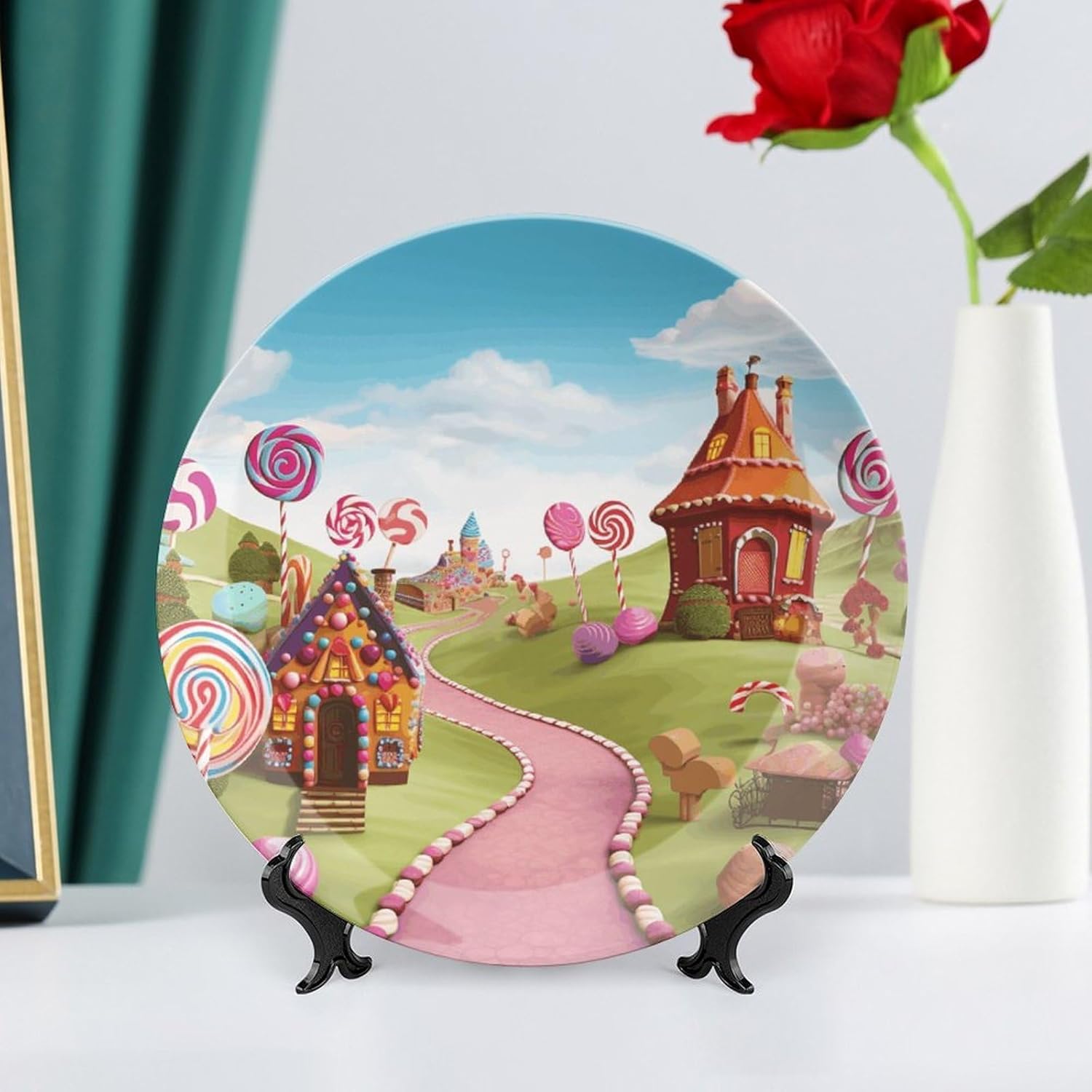 Candy Decorative Plates for Display Round Porcelain Plate Living Room Table Ceramic Hanging Decorative Plate Art Decor for Living Room Table with 1 Display Stand 10inch