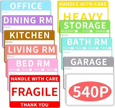 Azureal 540 PCS Moving Labels, 10 Color Coded Moving Stickers Including Fragile, Heavy and Blank Labels, 2 x 3 Packing Labels for Moving Boxes, Moving Supplies, Wardrobe Boxes, Apartment Sticker