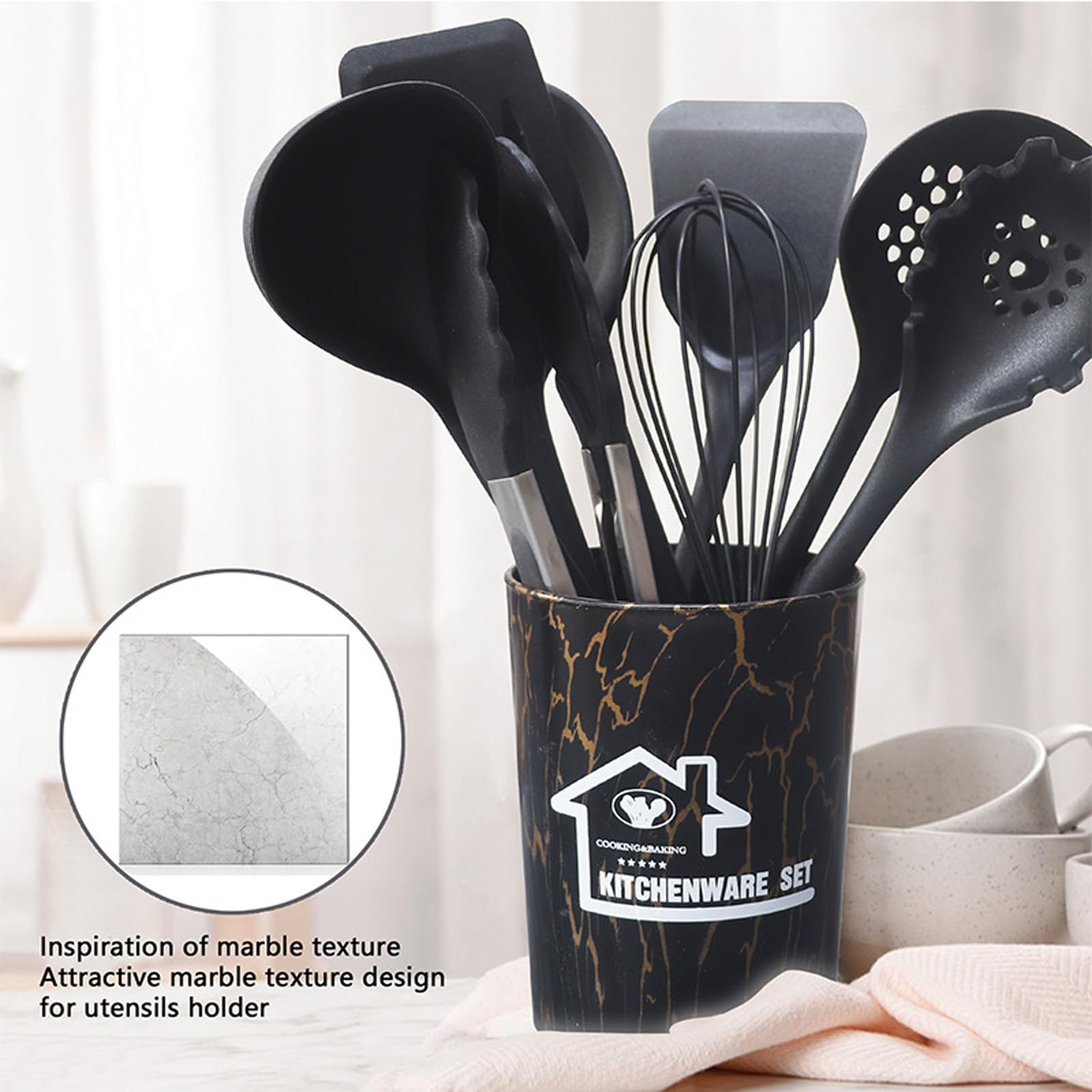 43 Stück Küchenhelfer Set,Silikon Kochutensilien Kochbesteck Set,Hitzebeständiger Kochgeschirr mit Utensilienhalter,Antihaft Kochset Küchenutensilien,Spülmaschinenfest (Schwarz)