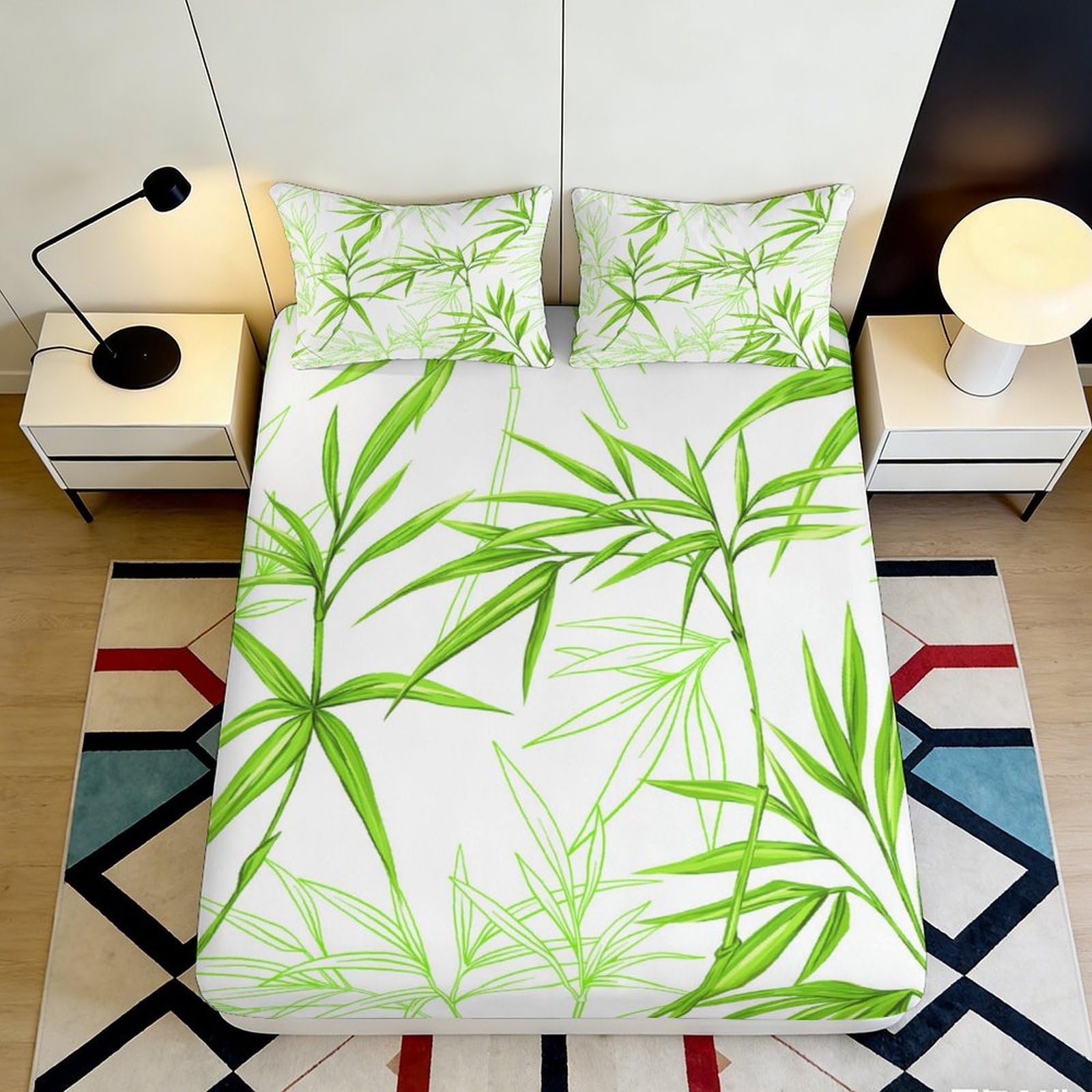3D Printed Bamboo Leaves Fitted Sheet Microfiber Anti-Slip Mattress Cover Green Botanical for Bedroom Guest Room 200x200x25cm