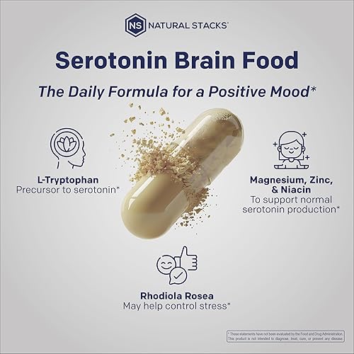 Miniatura 6 de Serotonin Brain Food - 1250 mg de L-triptófano y 400 mg de Rhodiola Rosea Suplemento - Suplemento de apoyo del estado de ánimo para aliviar el