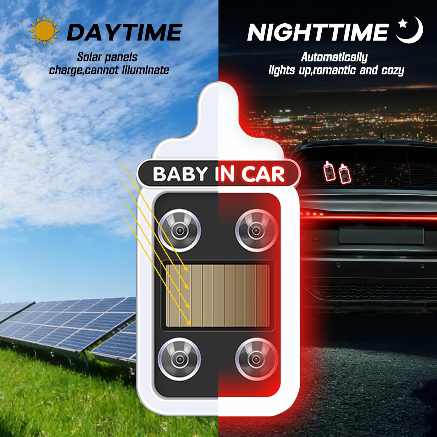 Solar Powered Window Baby in Car Sign Warning Light Wireless LED Ambient Lighting Baby Bottle Shape Neon Lamp Funny Decor Accessories to Alert Following Vehicles-Red image 3
