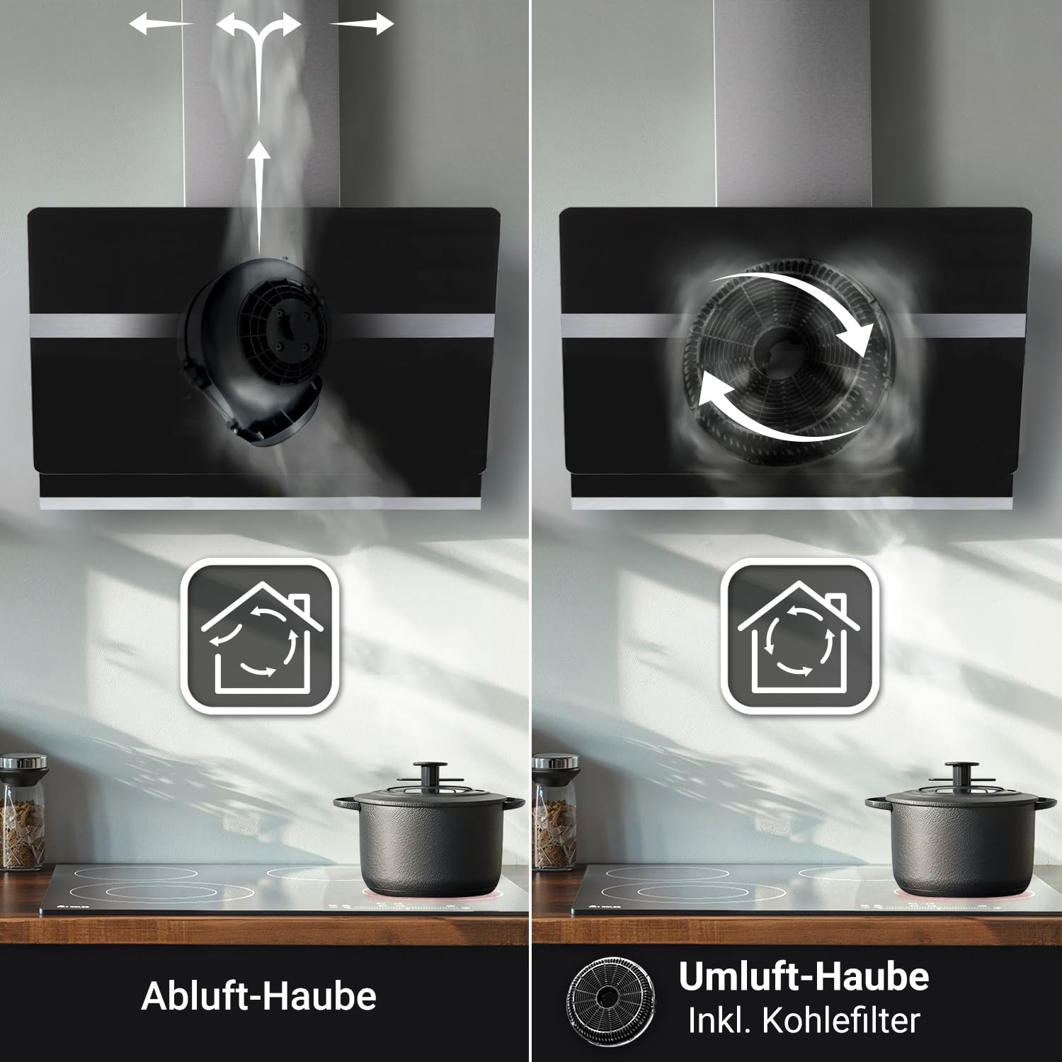 Hotte aspirante cuisine 80 cm | Hotte Murale Inclinées | acier inoxydable | verre noir | arrête automatiquement | Opération tactile | HERMES8005S