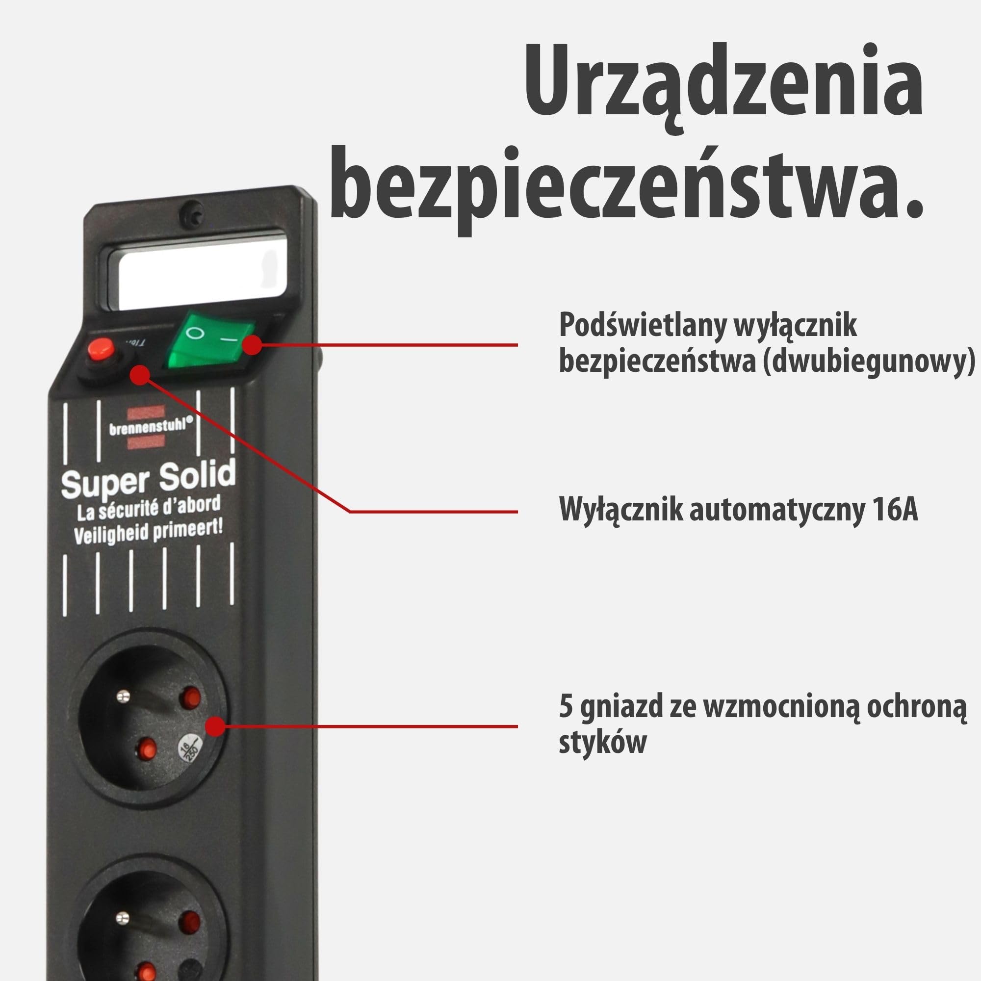 Brennenstuhl Super-Solid listwa zasilającaz 5 gniazdami (listwa przedłużacz z kablem 2,5 m i wyłącznikiem – z odpornego na złamania poliwęglanu) czarna