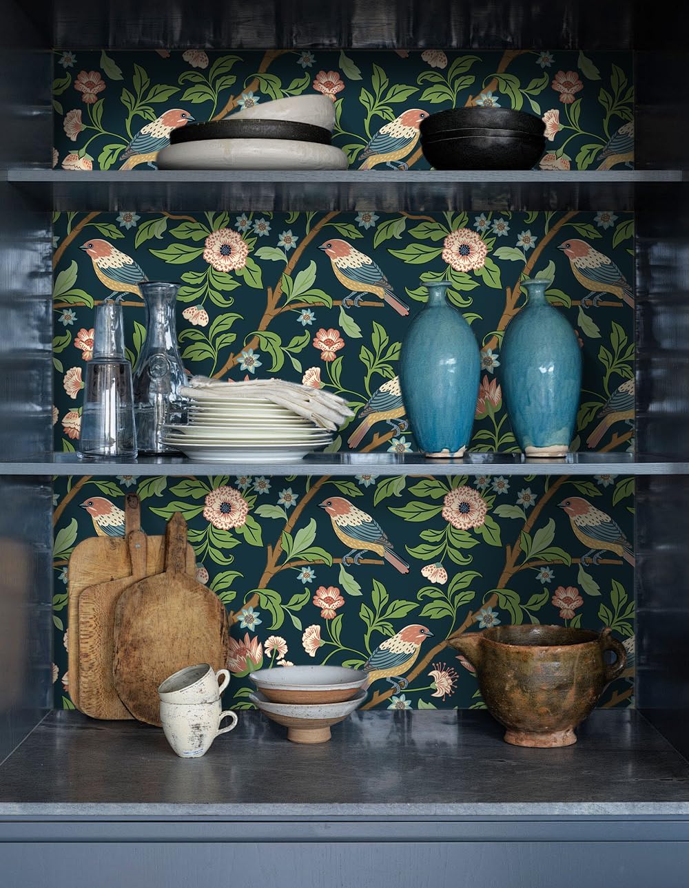 HAOKHOME Chinoiserie Wallpaper Floral Birds Peel and Stick Wall Paper Vintage Navy/Green/Brown Forest Contact Paper Removable Self Adhesive Wall Decor for Bathroom Bedroom 17.3in x 9.8ft