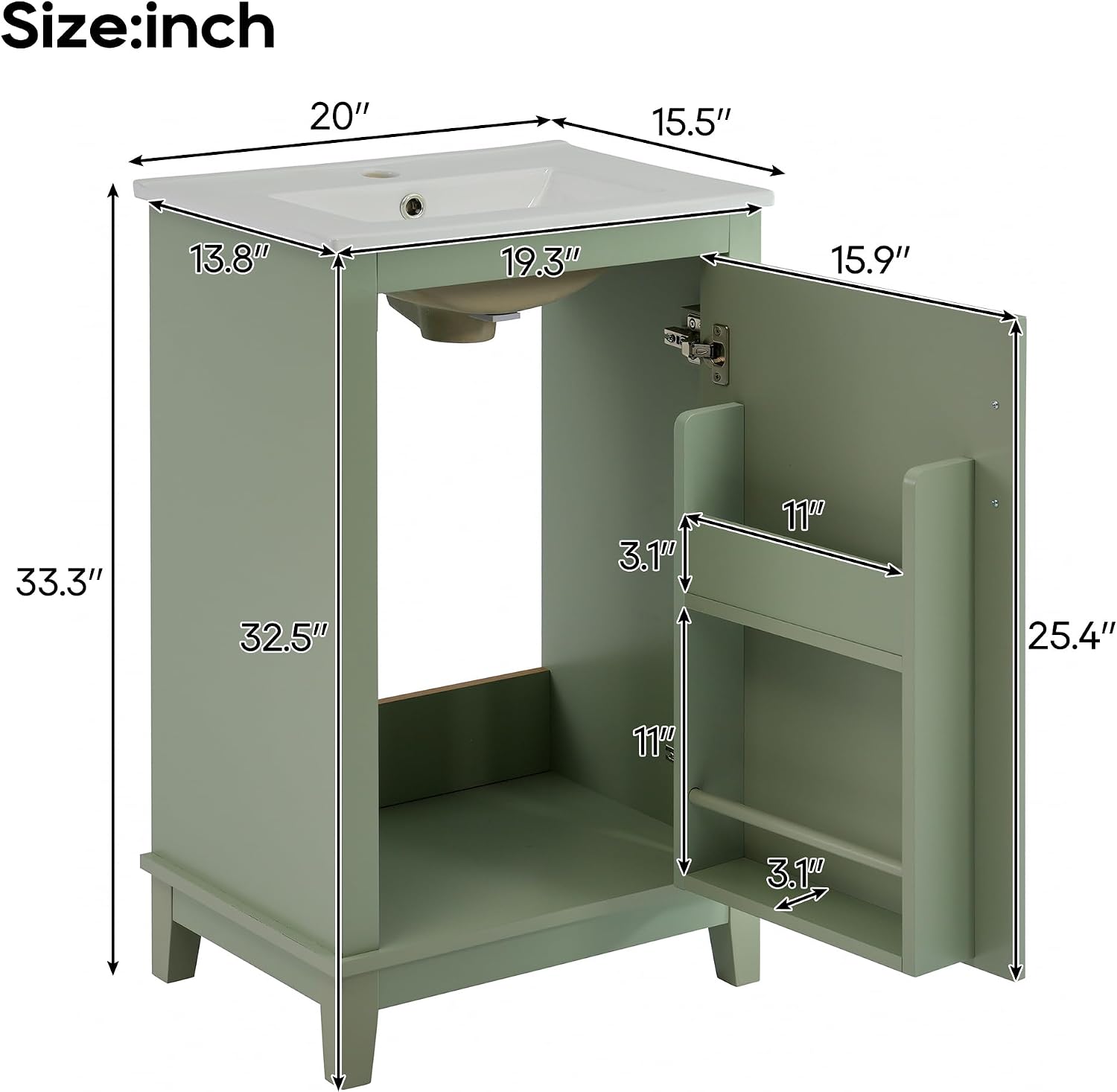 20-inch Bathroom Vanity with Sink Combo Set, Free Standing Vanity Cabinet with Soft-Close Door & Double Shelves, Solid Wood Bath Vanity Set with Ceramic Sink for Bathroom (Green)