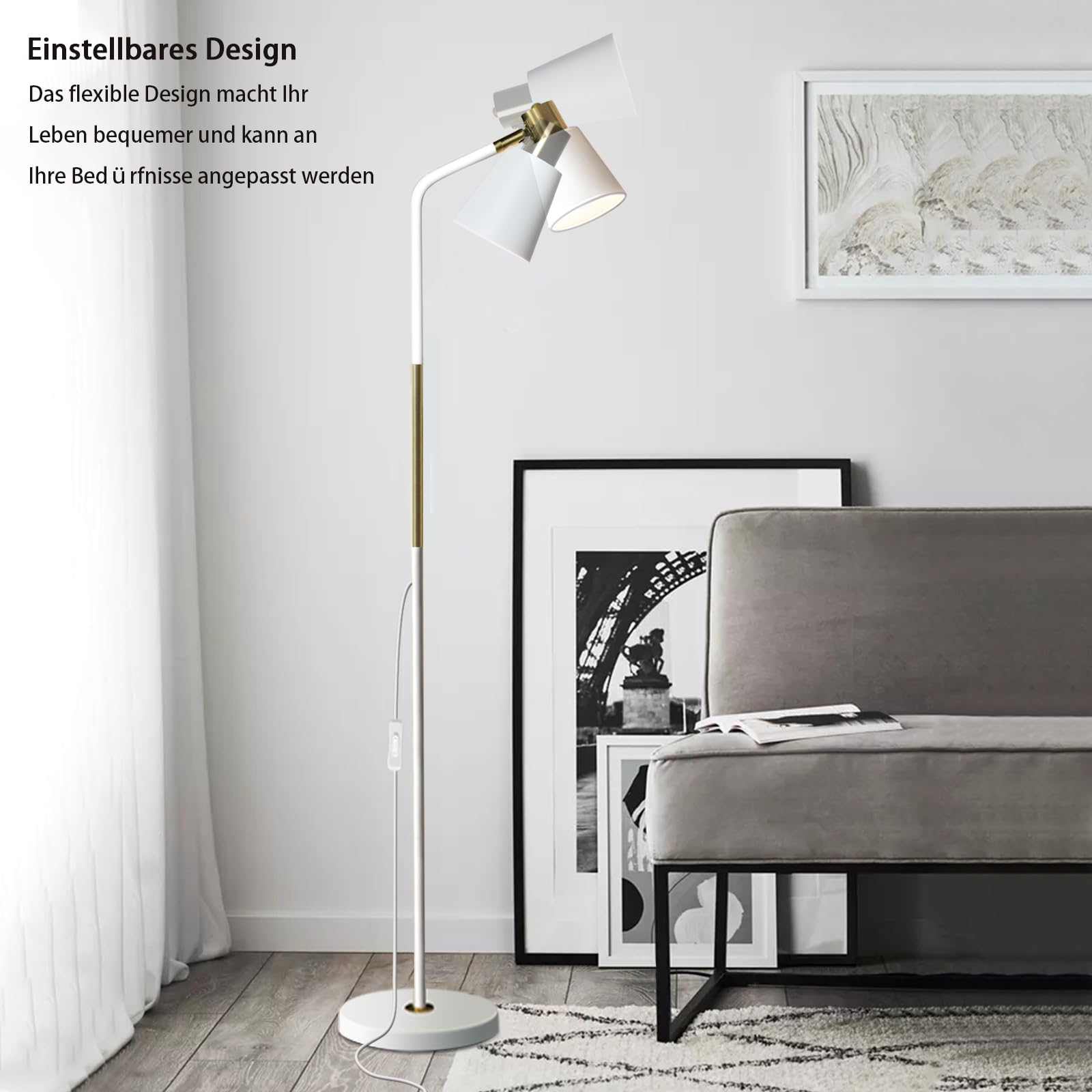 LALISU Stehlampe Industrielle Wohnzimmer Rustikale Bauernhaus Leselampe mit Metll Lampenshirm, Klassische Modern Standleuchte mit E27 LED Warmweiß Birne für Wohnzimmer, Schlafzimmer, Büro (Weiß)
