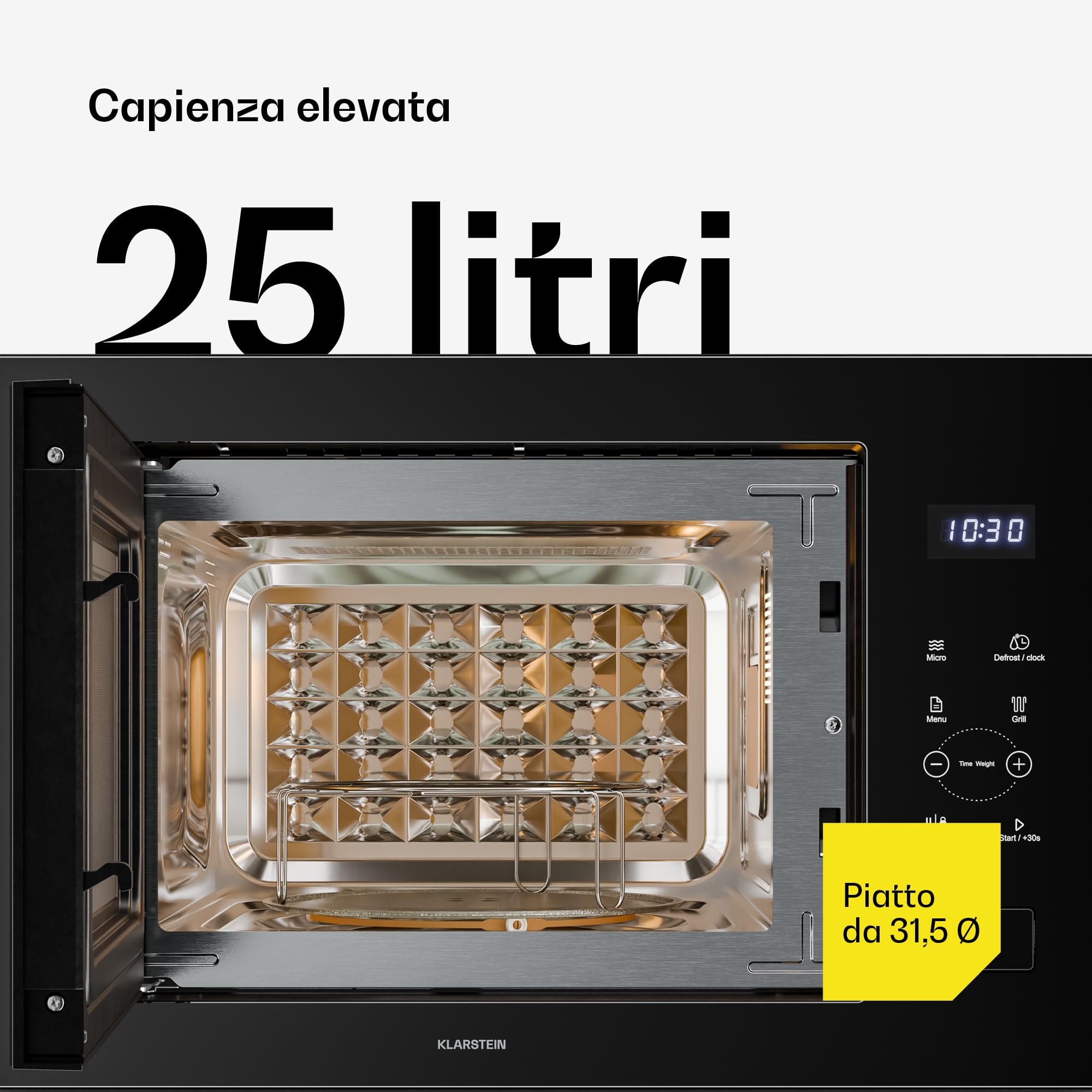 Klarstein Velaire Microonde da Incasso con Grill – 25L, 850W Microonde & 1200W Grill, 8 Programmi, Touch, Acciaio Inox, Forno Microonde Incasso, Nero