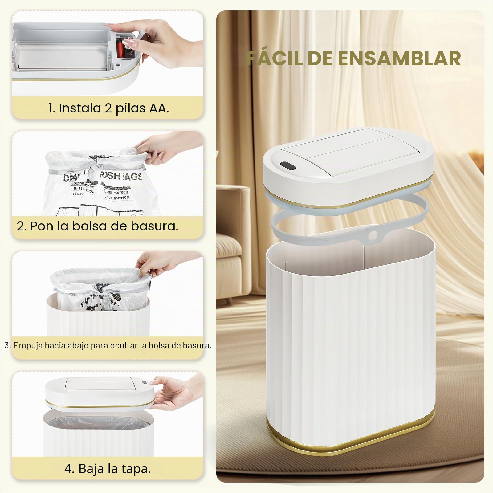 ELPHECO Bote de basura de baño con tapa, mariposa, sensor de movimiento, decoración de baño, papelera automática, accesorios de baño, cocina, sala de estar, oficina, oro blanco