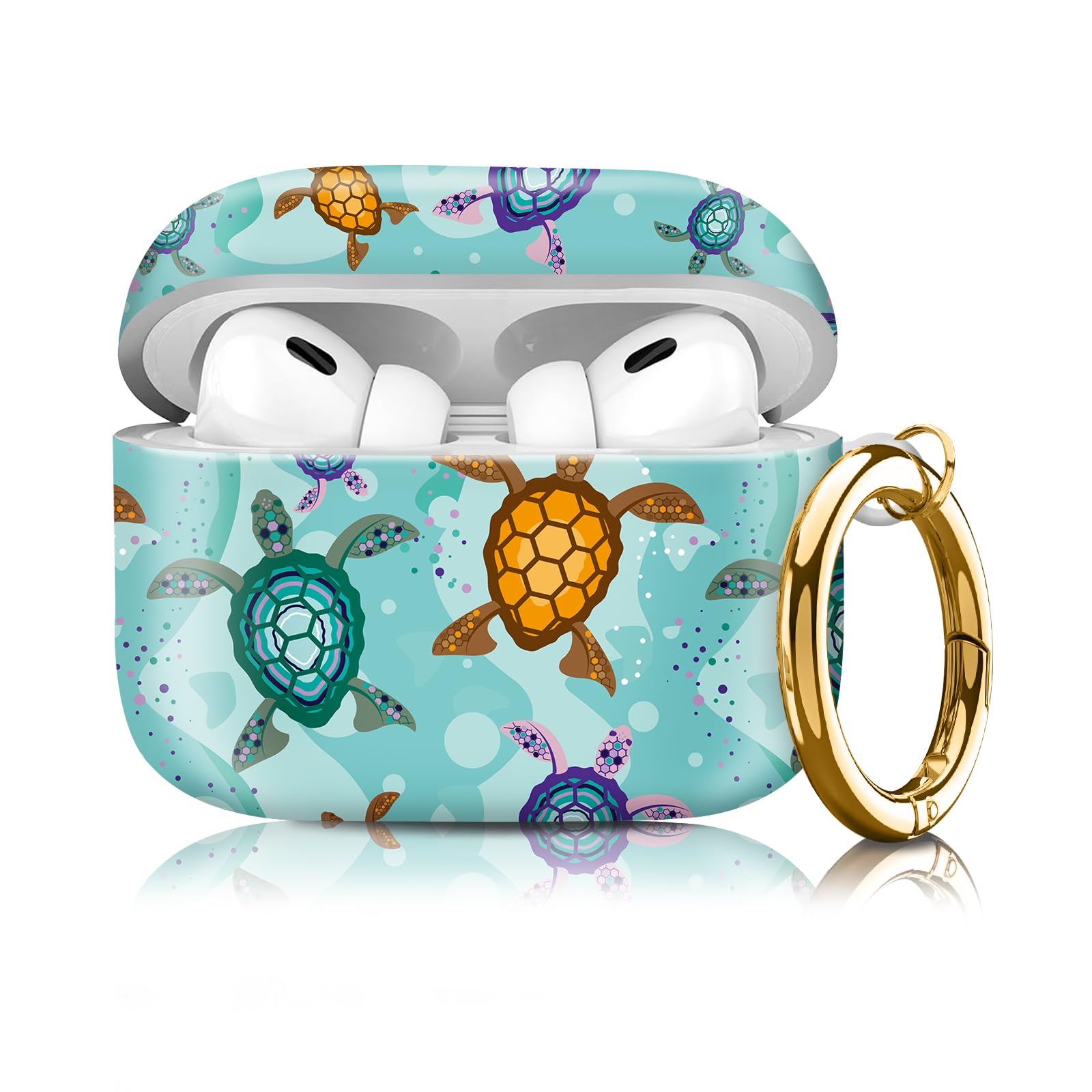 Compatible with Airpod pro 2nd/1st Generation Case Cover with Gold Round Keychain Cute Pattern Hard & Anti Slip Cover for Men Women & Girls（Cute Sea