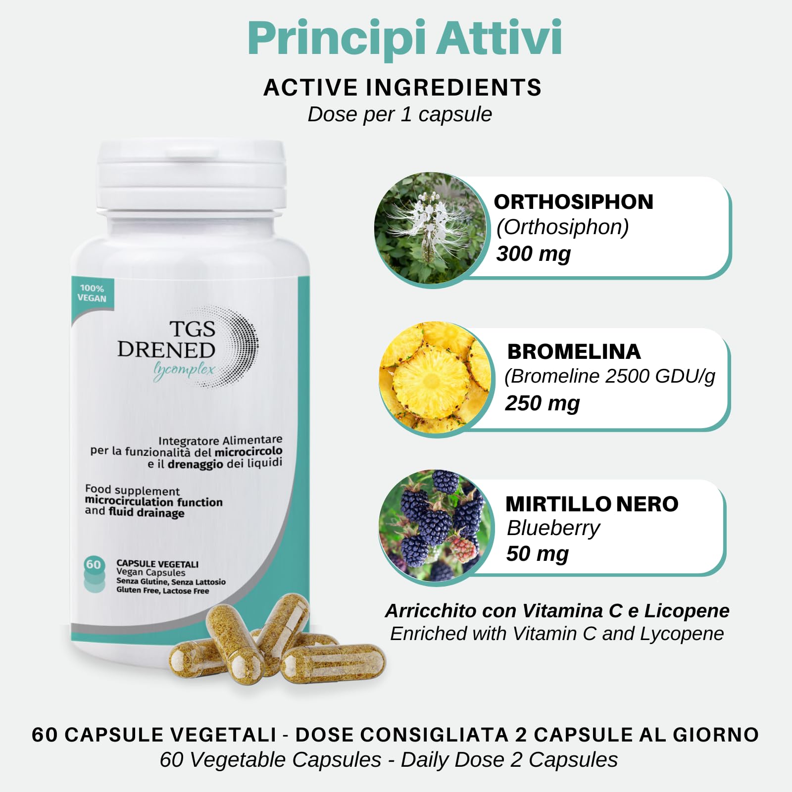 TGS Drened Lycomplex | Drainage Supplement | Nützlich bei Flüssigkeitsretention | Mit Orthosiphon, Bromelain und Blaubeere | 60 pflanzliche Kapseln