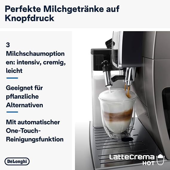 De'Longhi Dinamica Plus - Fully Automatic Coffee Machine 24 Drinks Titanium Coffee machine with LatteCrema hot milk frother espresso and cappuccino one-touch drinks colour display ECAM380.95.TB