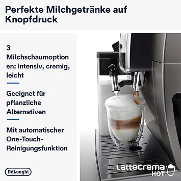 De'Longhi Dinamica Plus - Fully Automatic Coffee Machine 24 Drinks Titanium Coffee machine with LatteCrema hot milk frother espresso and cappuccino one-touch drinks colour display ECAM380.95.TB