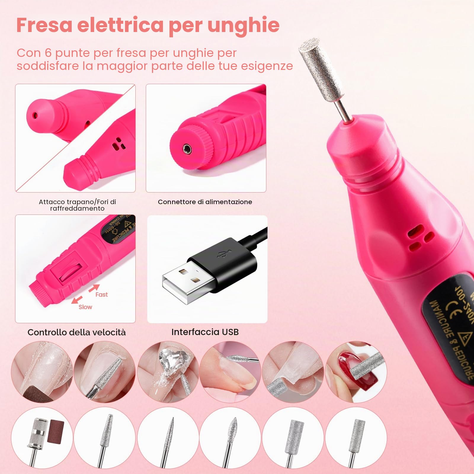 Deciniee Kit per unghie in acrilico: set in polvere acrilica con lampada UV, trapano elettrico per unghie, punte finte, 6 colori di polvere + gel monomero, set per nail art, borsa regalo rosa da donna