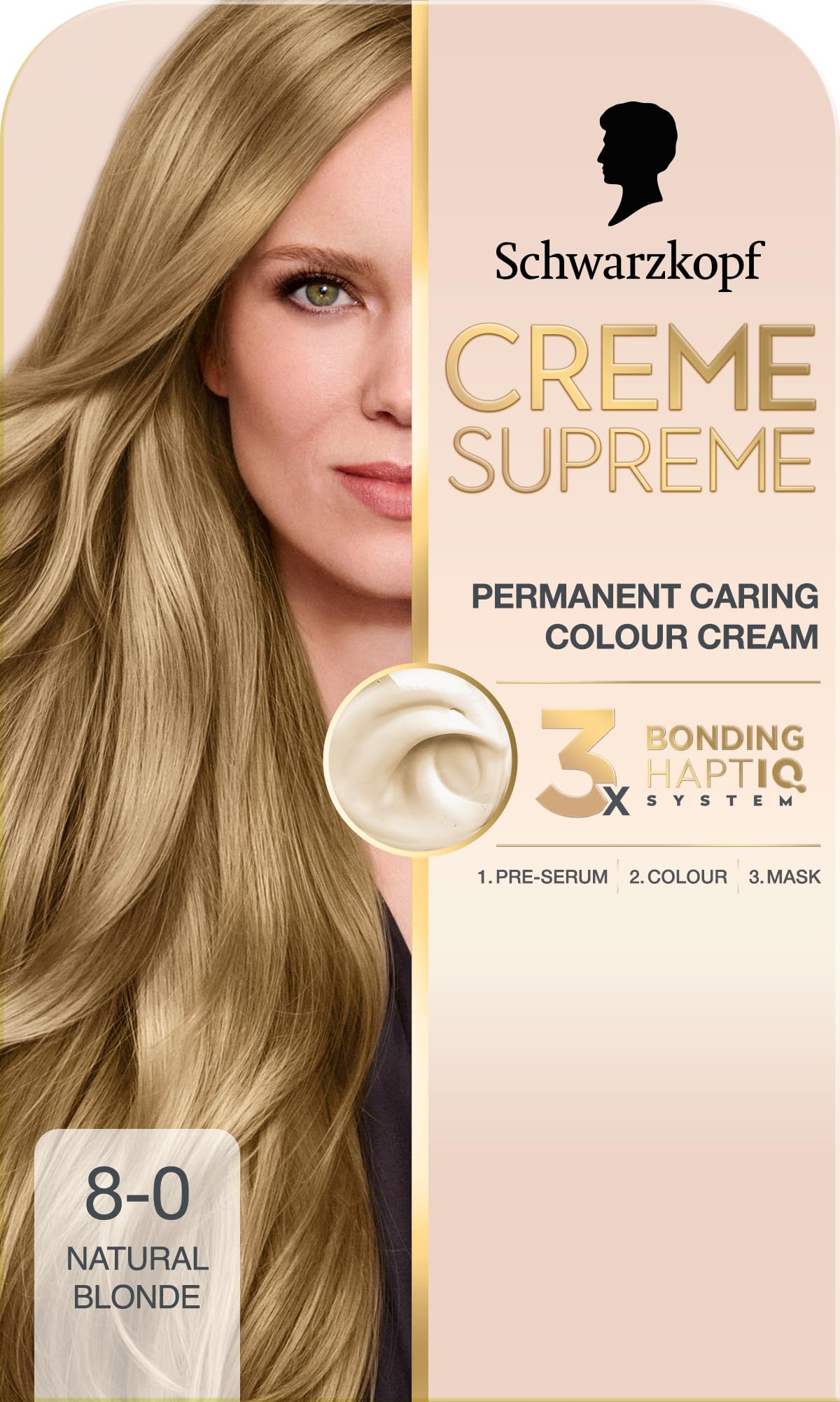 Schwarzkopf Creme Supreme 8-0 Natural Blonde, Permanent Hair Dye, Caring Hair Dye Colouration with 3-Step Bonding System Against Damage, 100% Grey Coverage