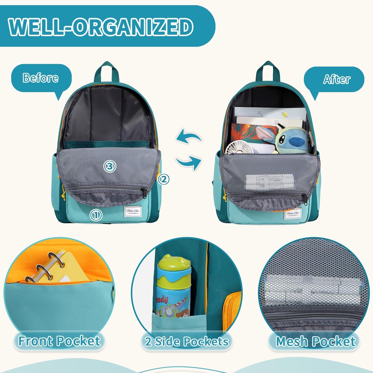 Chase Chic Kids Backpack for Boys - 17 inch School Backpacks for Toddler Girls Fits 6 to 12 Years Old - Lightweight Water Resistant Preschool Bookbag for Travel Daycare (Green Blue) - Image 7