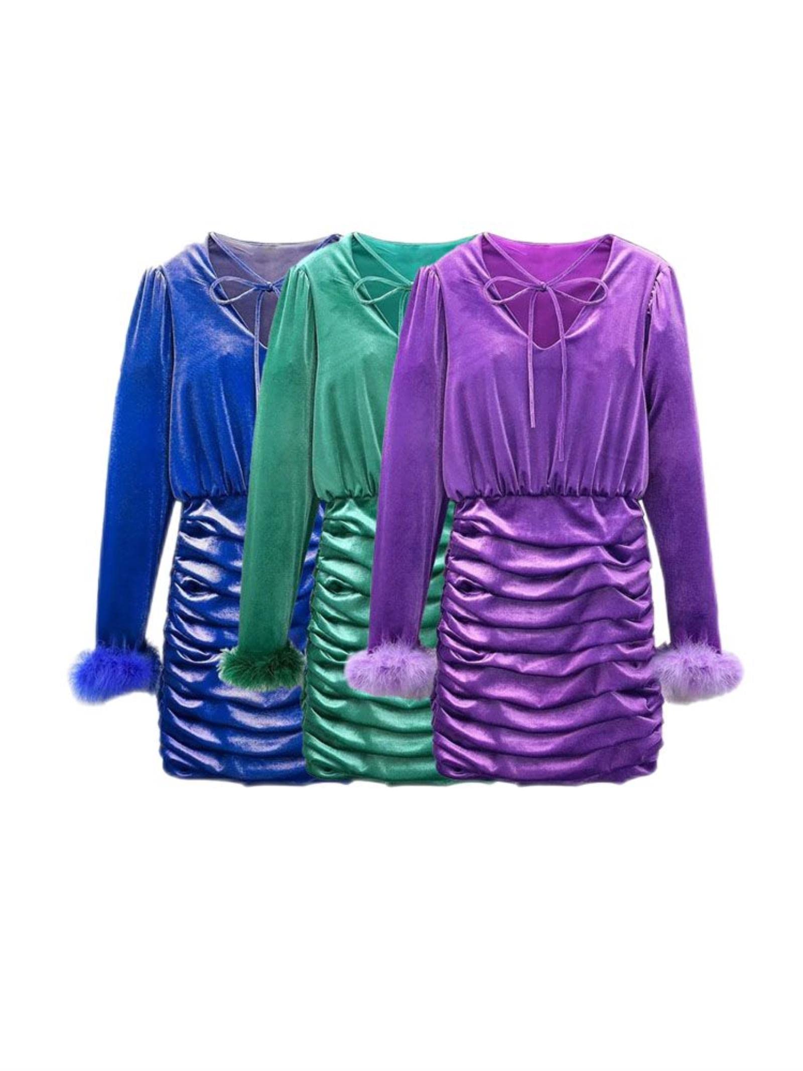 Moda delle donne con mini abito pieghettato Vintage legato V collo manica lunga abiti femminili