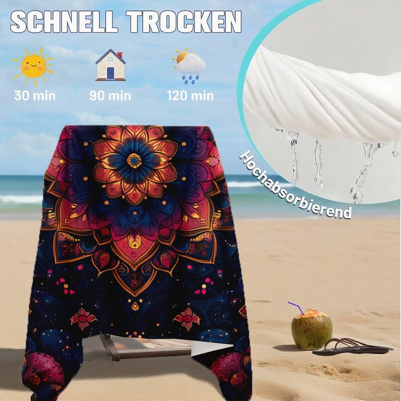 Serviette de Plage Microfibre Serviette Plage 100x150 cm 2 Pack Séchage Rapide, Anti-Sable, Absorbante Fonction Drap de Plage XXL pour Bain Sport Voyages Sauna Piscine Yoga, avec Sac Mandala Q-839