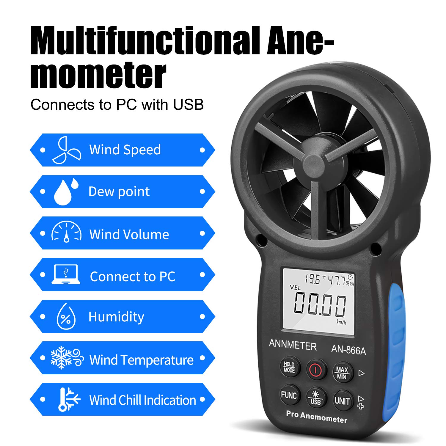 ANNMETER AN866A Digital Anemometer, CFM Wind Speed Gauge, Air Flow