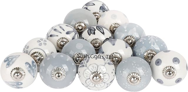 Shah Crafts. Grey and White Ceramic Door Knobs, Set of 20 Premium Quality Assorted Designs Handmade Vintage, Shabby Chic, Interior Furniture, Cabinet Cupboard Wardrobe Drawers Pulls Handles