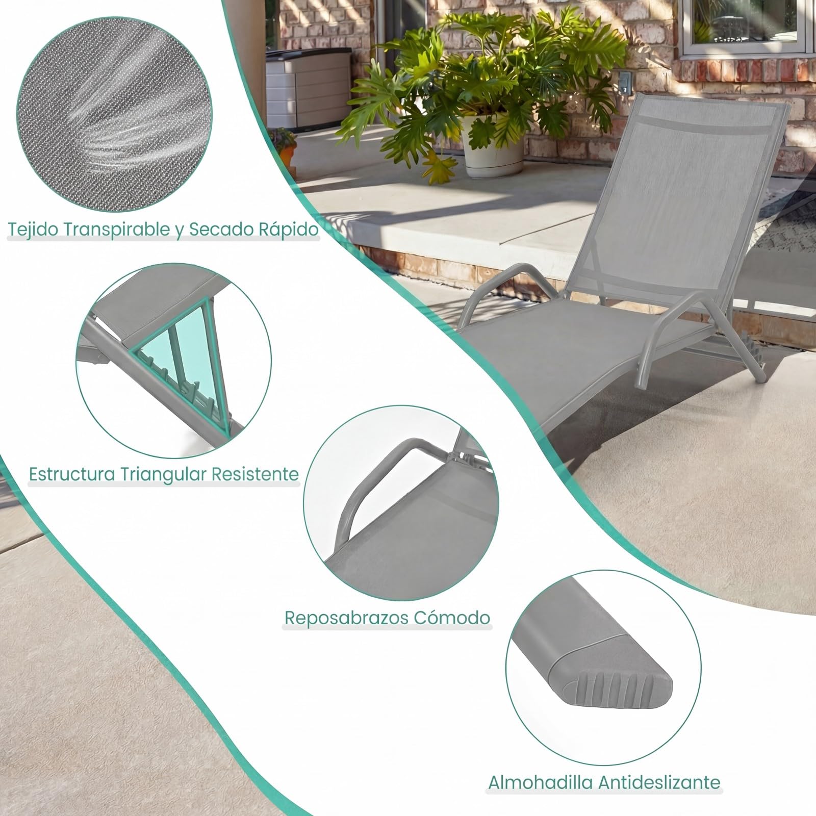 COSTWAY 2 Tumbonas Jardin Exterior, Reclinable en 5 Posiciones, Tela Transpirable, Tumbonas Liquidación Playa Jardin Piscina Exterior, 184,5 x 62 x 102,5 cm, Carga 160kg (Gris)