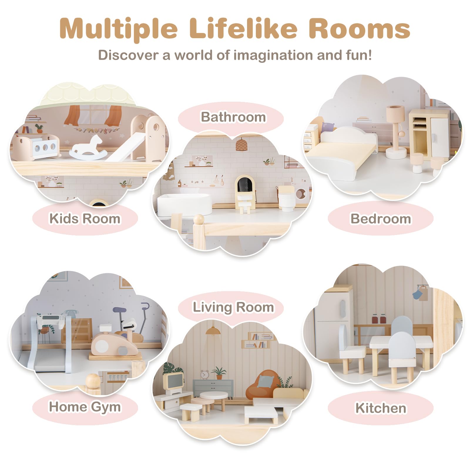 HOMASIS Casa de Muñecas de Madera con Muebles y Accesorios Completos, Casa de Muñecas con 3 Plantas y Muchas Habitaciones, Juego de Simulación para Niños de 3+ Años (Estilo 2)