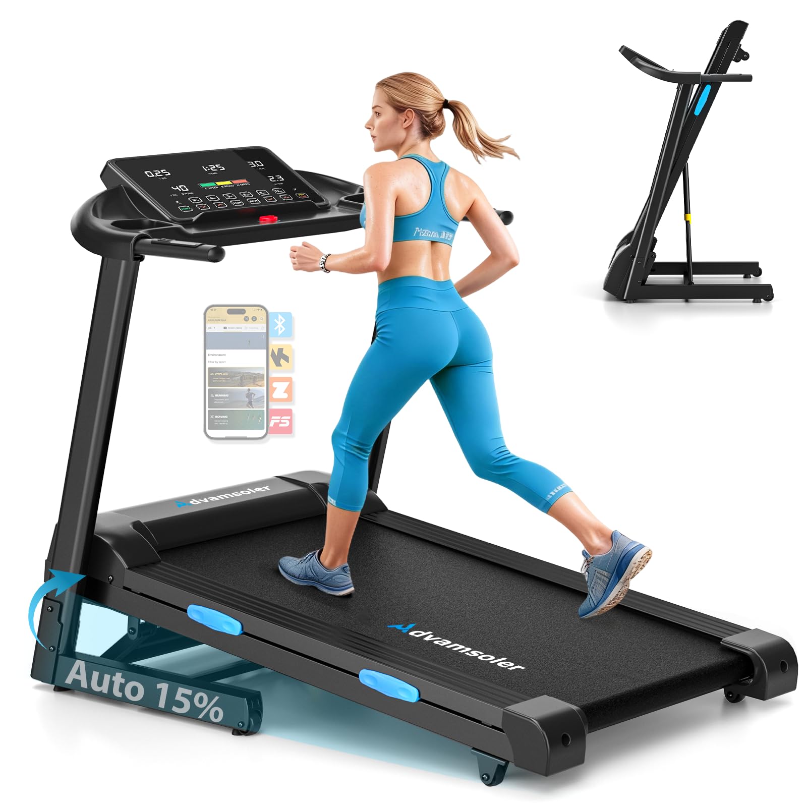 Laufband Für Zuhause Klappbar mit Automatischer Neigung 15%, Walking Pad 14KM/H, Laufband mit 3,0-PS-Motor, 12 Voreingestellte Programme und Fitness App, Fitnessgeräte Belastung 160Kg