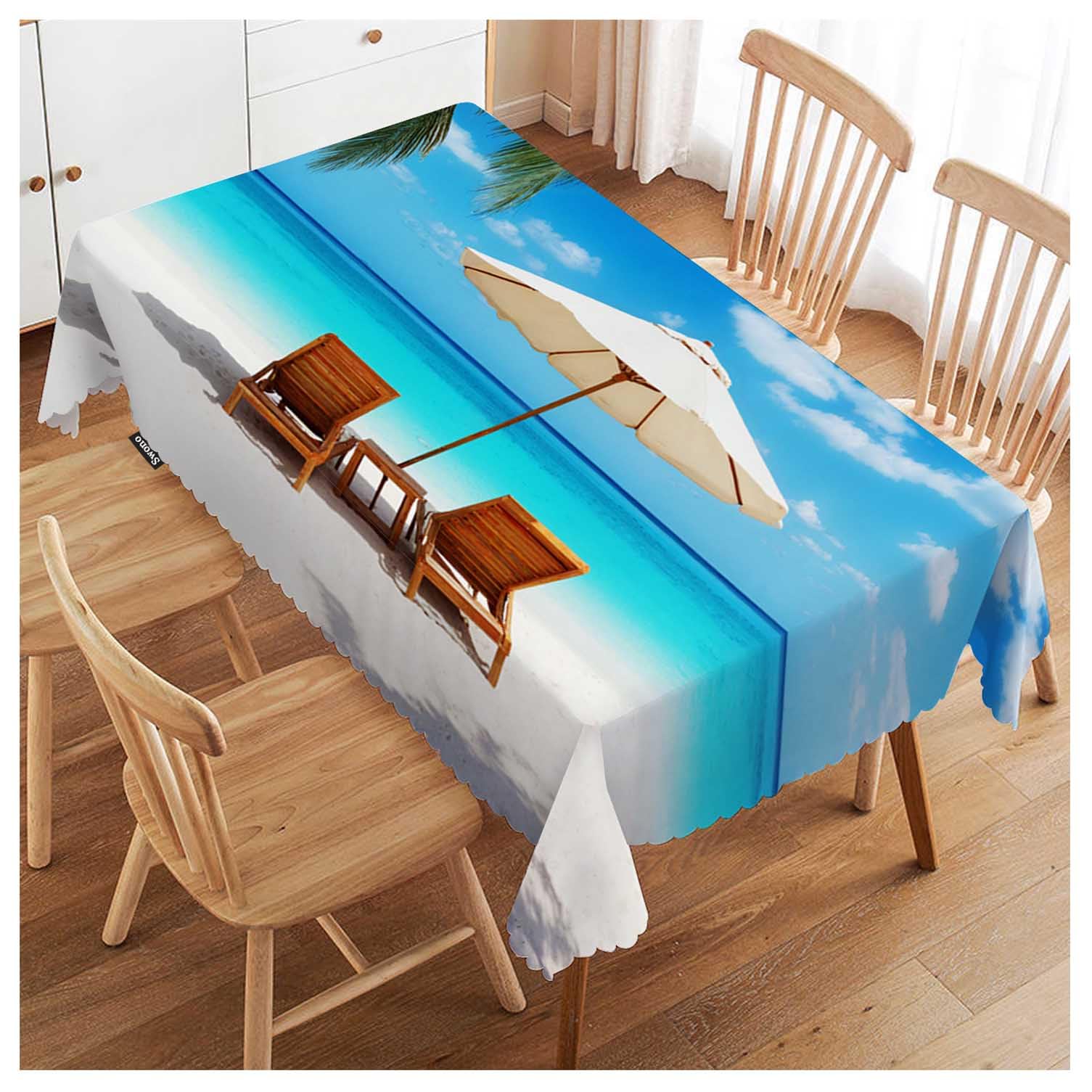FJQWKLF Beach Chairs Rectangle Tablecloth Turquoise Sea Sand Beach Chair Palms Table Cloth Dining Table Cover for Home Kitchen Restaurant Party Buffet Picnic, 52x70 Inch