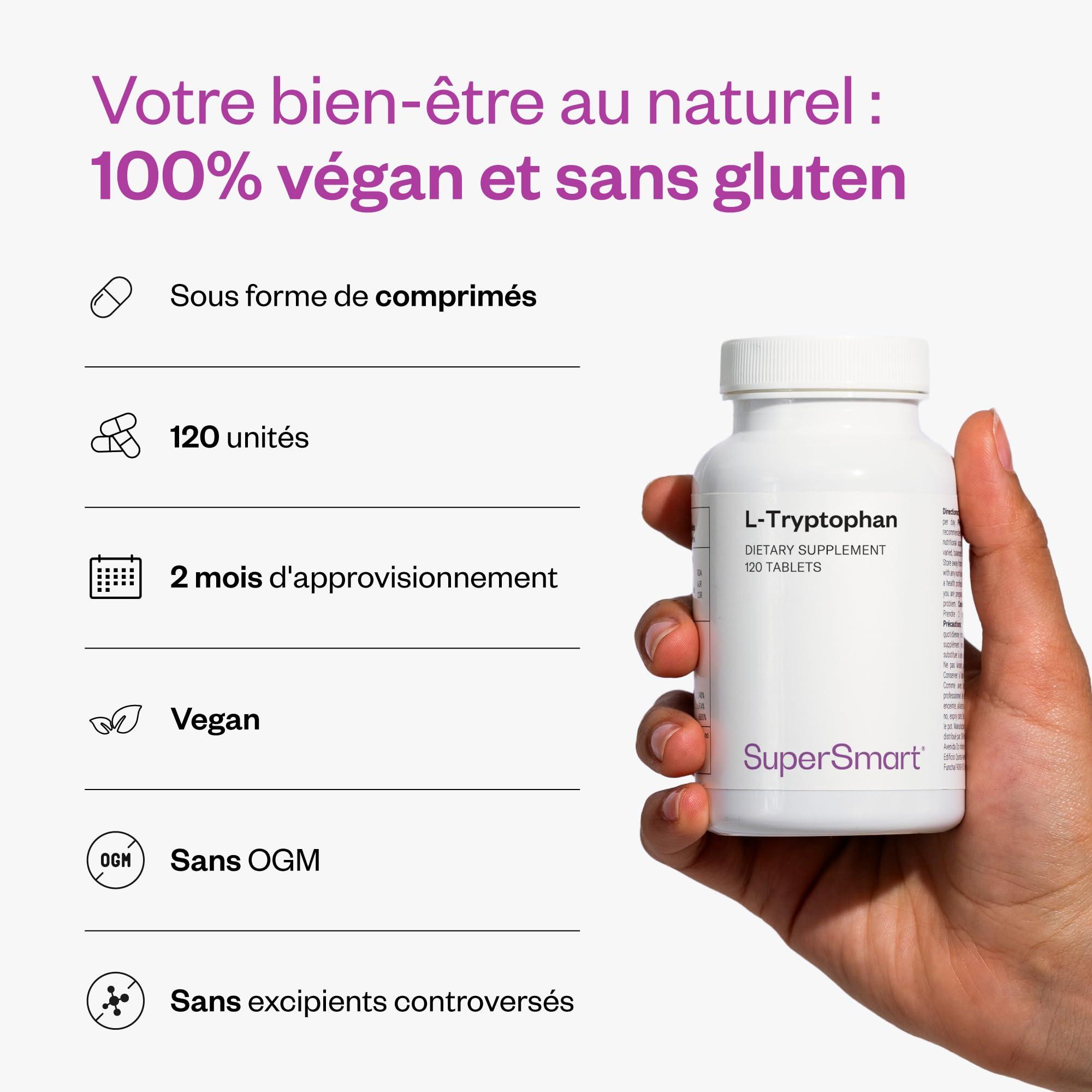 L-Tryptophane - Qualité du sommeil et Endormissement - Vegan - SuperSmart | Précurseur de la Sérotonine, de la Mélatonine, du 5-HTP et de la Niacine - Sans Gluten