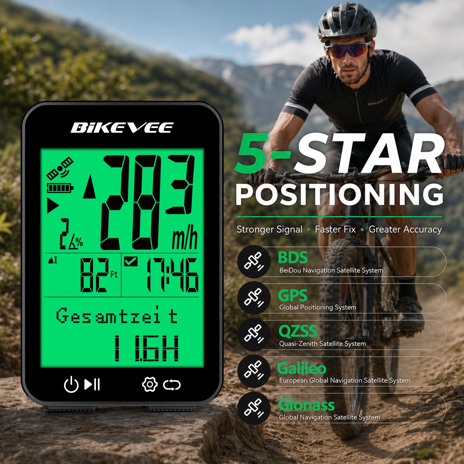 Fahrradcomputer GPS Kabellos Tacho Fahrrad IPX7 Wasserdicht 2,4 Zoll Display mit Temperatur Steigung Höhe Auto Start Stopp KMH MPH 9 Sprachen