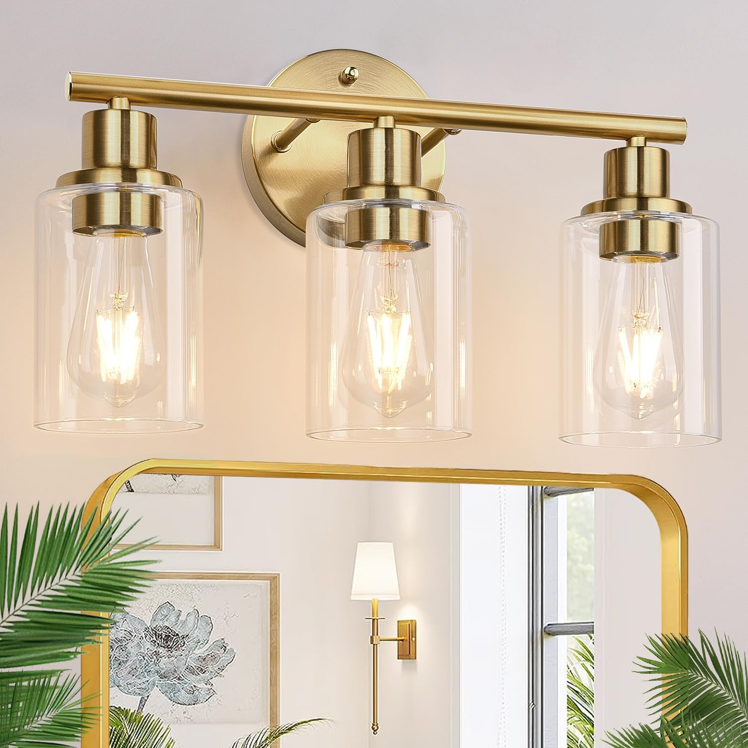 3-Light Gold Bathroom Light Fixtures, Modern Bathroom Vanity Light with Clear Glass Shade, Brushed Gold Bath Wall Mount Lights, Wall Lamp for Mirror Kitchen Bedroom Hallway Living Room Hallway Brushed Gold 3-Light