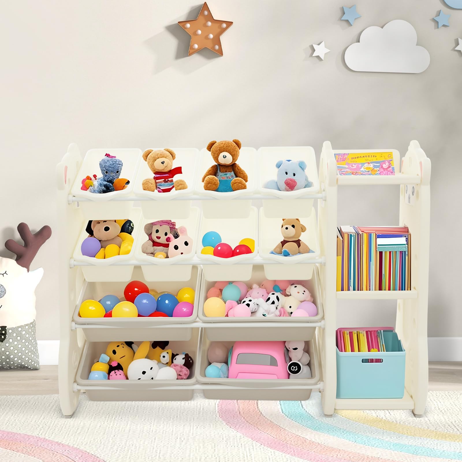 Scaffale per giocattoli per bambini con 12 vani portaoggetti, angoli arrotondati e imbottitura antiscivolo