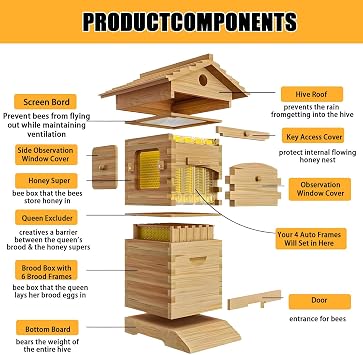 Beehive Starter Kit,Self-Flowing Wooden Bee Box,with Observation Window and Honey Spout,Self-Flow Hive Beehive Starter Kit,for Beekeeping,Garden Pollinators