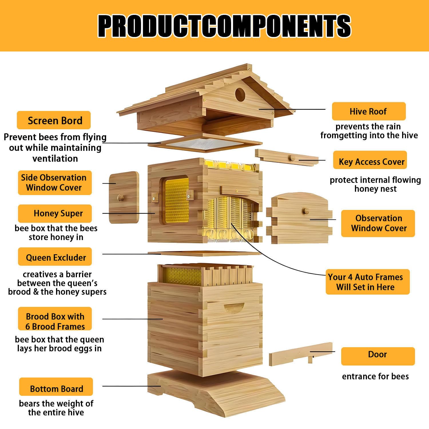Bienenstock Starter Kit mit selbstfließender Holzbox, Beobachtungsfenster und Honigauslauf für Imkerei und Gartenbestäubung, ideal für Anfänger
