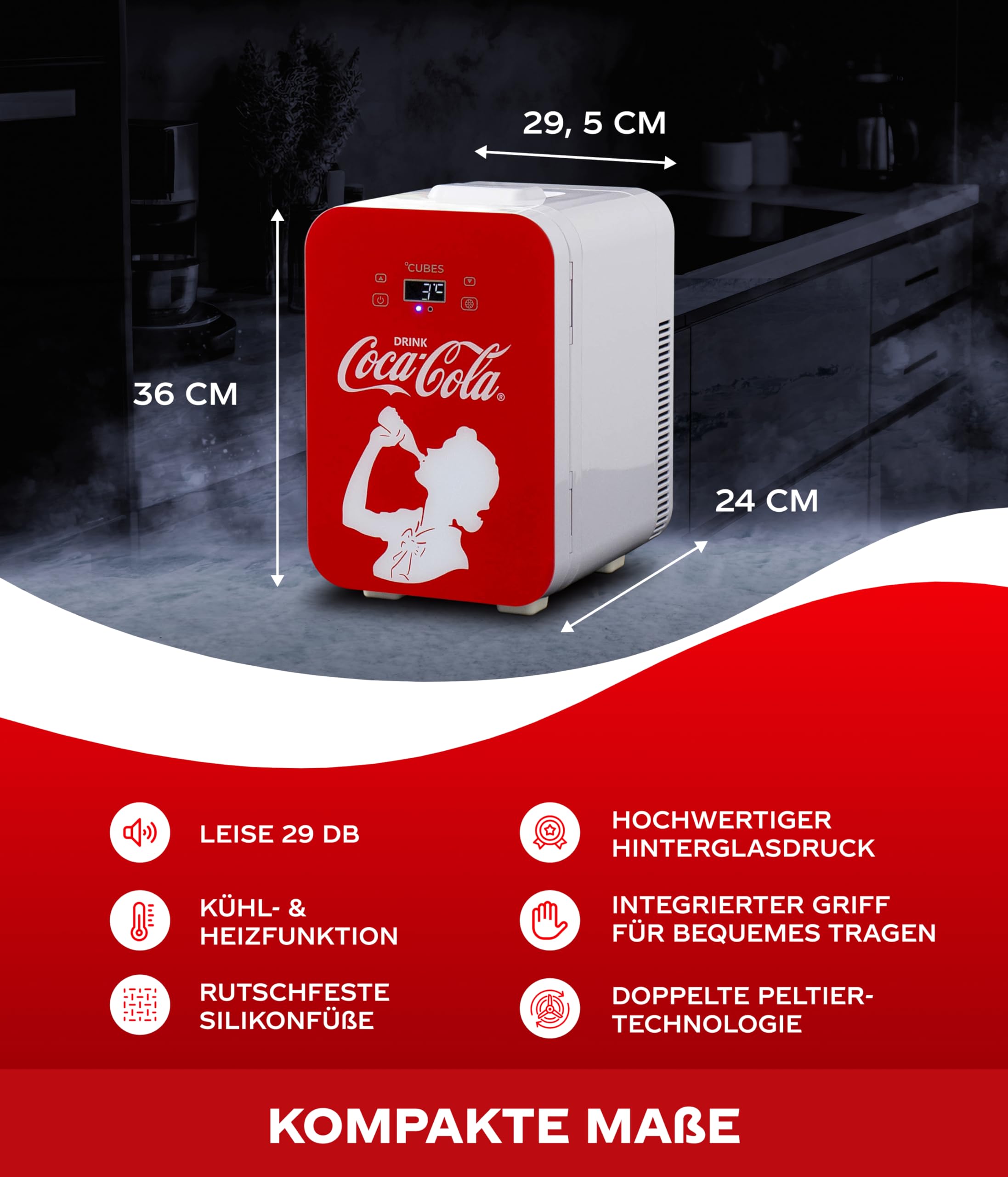 °CUBES Coca-Cola Mini Kühlschrank 9,3L | Kompakter Minikühlschrank mit Glasdruck & LCD-Touch-Display | Kleiner Kühlschrank für Auto & Haushalt | Leise & Effizient | 12V/220V