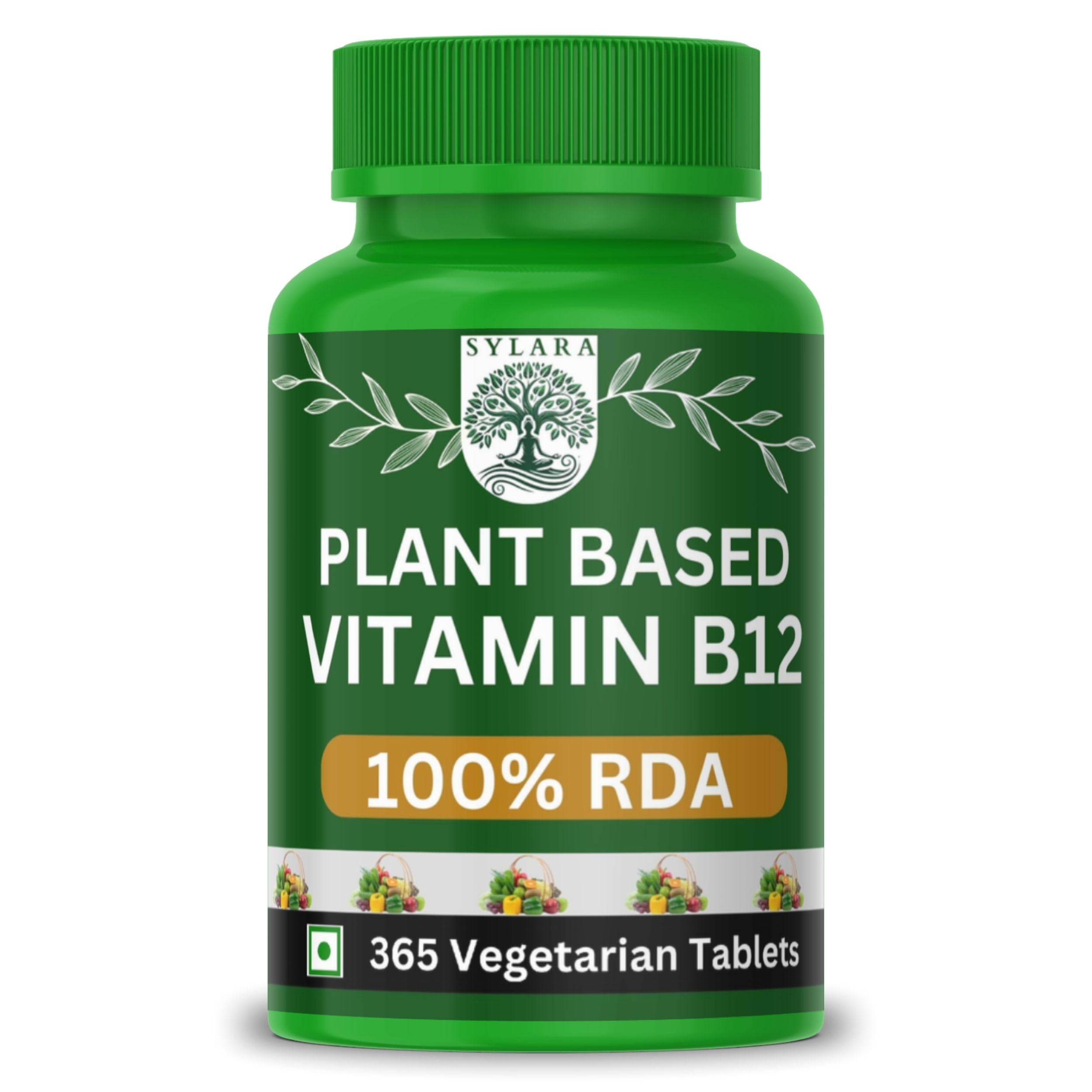 SYLARA Vitamin B12-365 Tablets - 100% RDA [Lab Tested] Plant based Methylcobalamin Capsules Supplements