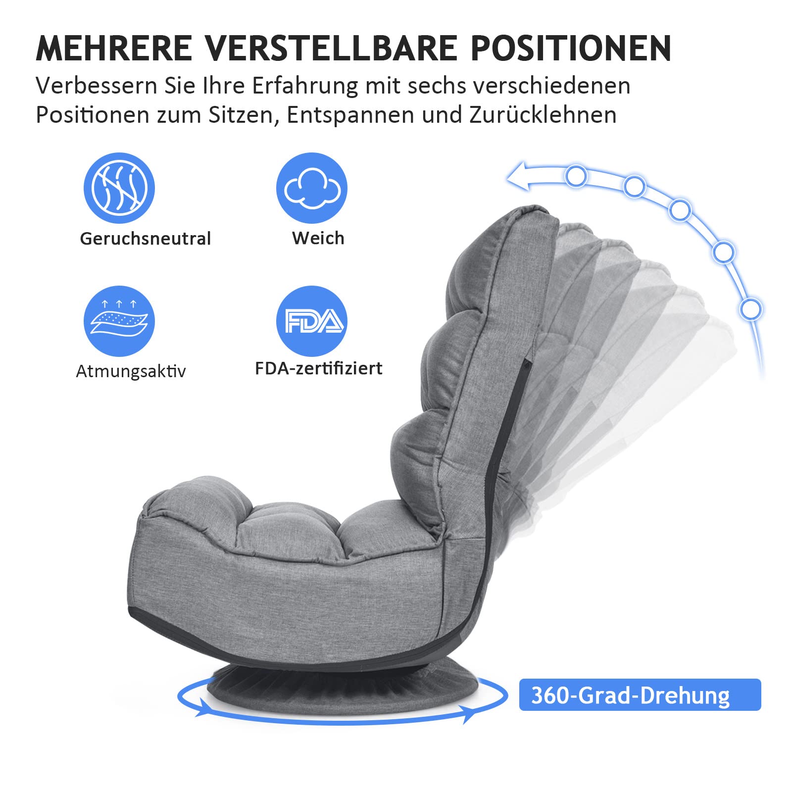 GOPLUS Sillón de Suelo Giratoria 360°, Sofá de Una Plaza Plegable con Respaldo Ajustable, Silla de Juegos, meditación, Soporta hasta 120 kg, para Casa y Oficina (Gris)
